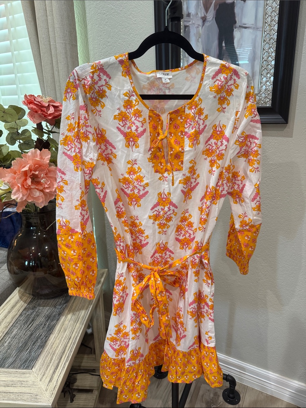 J. Crew White Tunic with Orange and Pink Floral Print